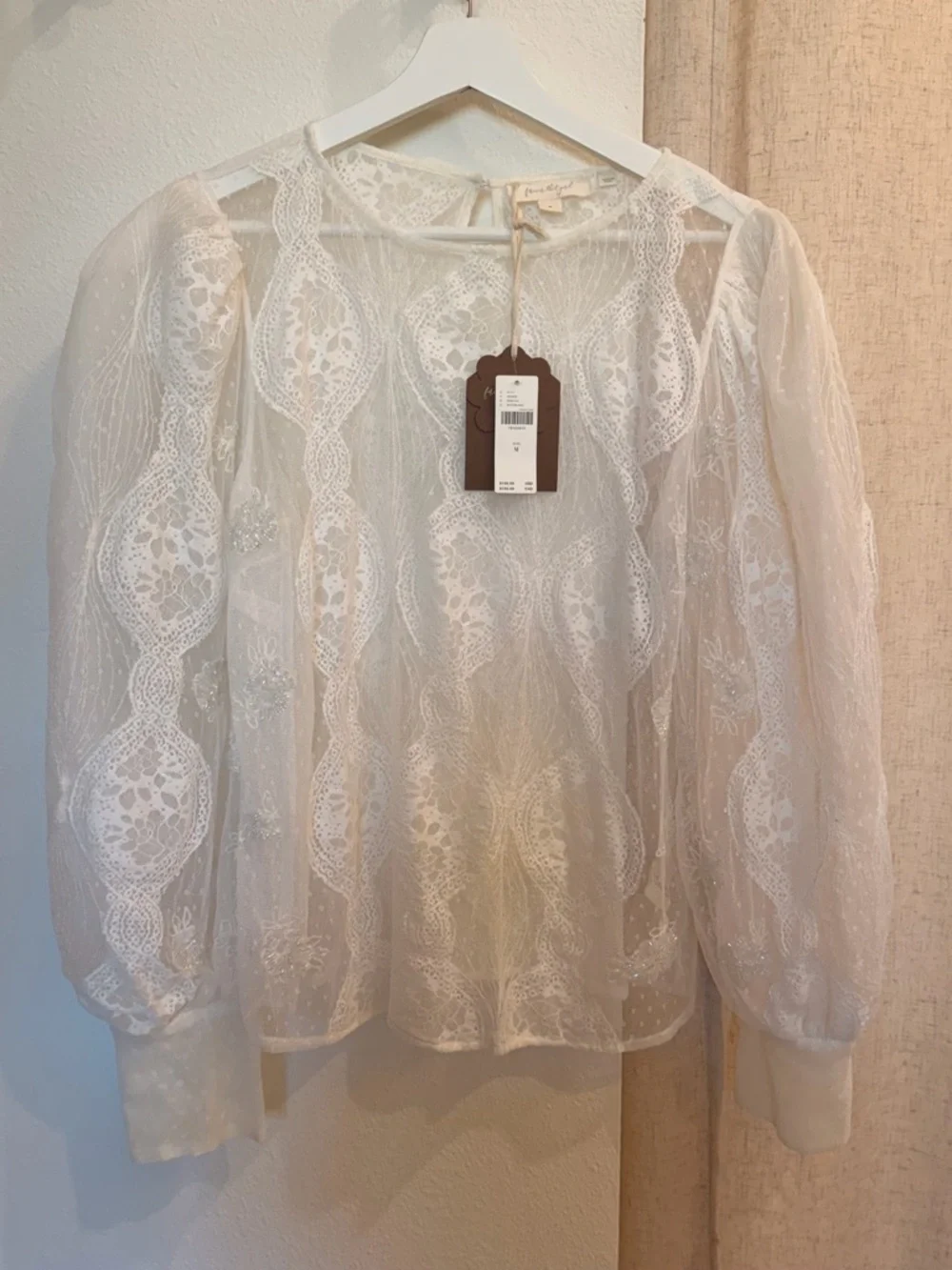 Anthropologie White Sheer Lace Puff-Sleeve Blouse